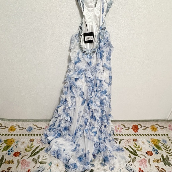 NWT Mac Duggal Floral Lace Up Tie Back Ruffle Shoulder Embellished Gown - Picture 9 of 10